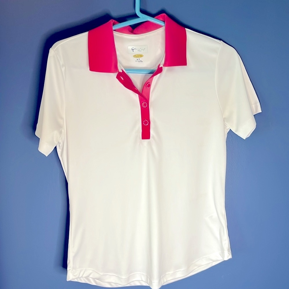 Greg Norman shark- s/p golf polo, white w coral/pink collar & gradient placket